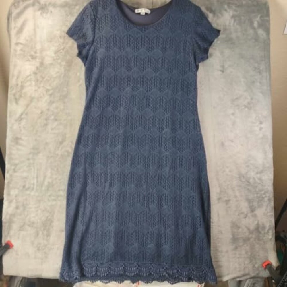 DE Collection Women’s Lace‎ Overlay Dress 14 Navy Blue Textured Casual Classic